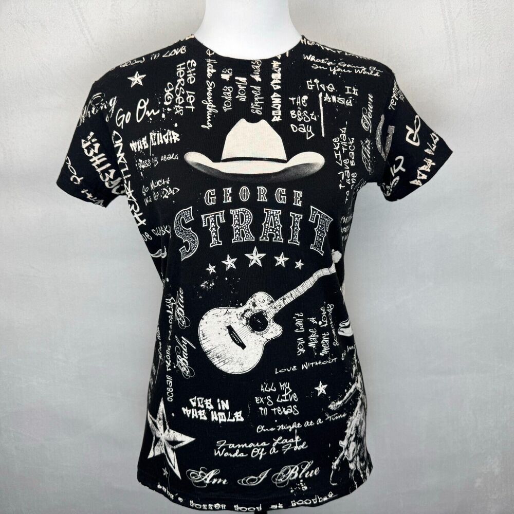 George Strait Ladies Shirt Sz M Black Crew Neck Short Sleeve